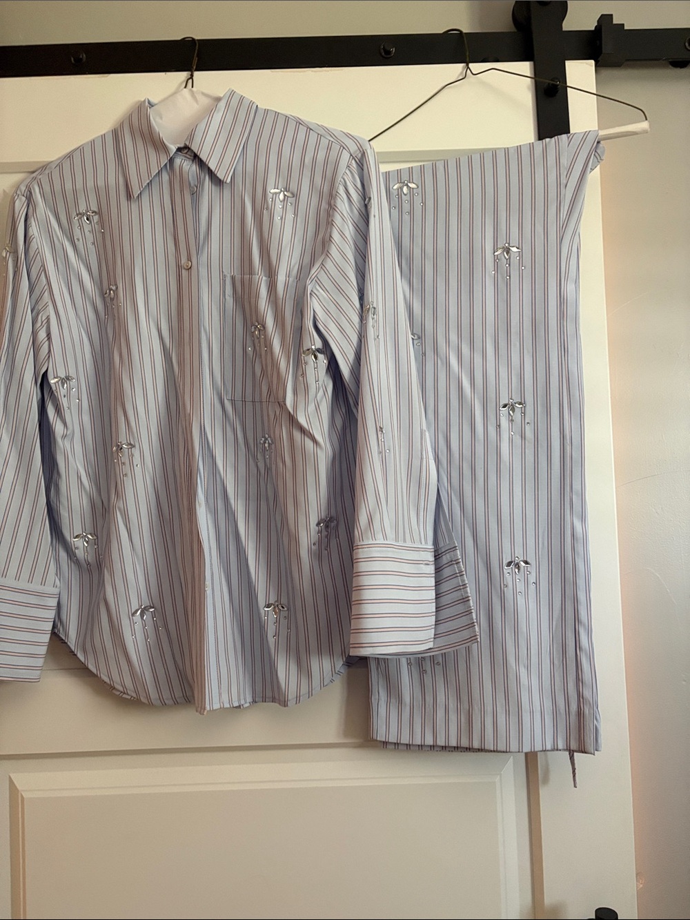 Mango Light Blue and White Pinstripe Embroidered Button-Up Shirt